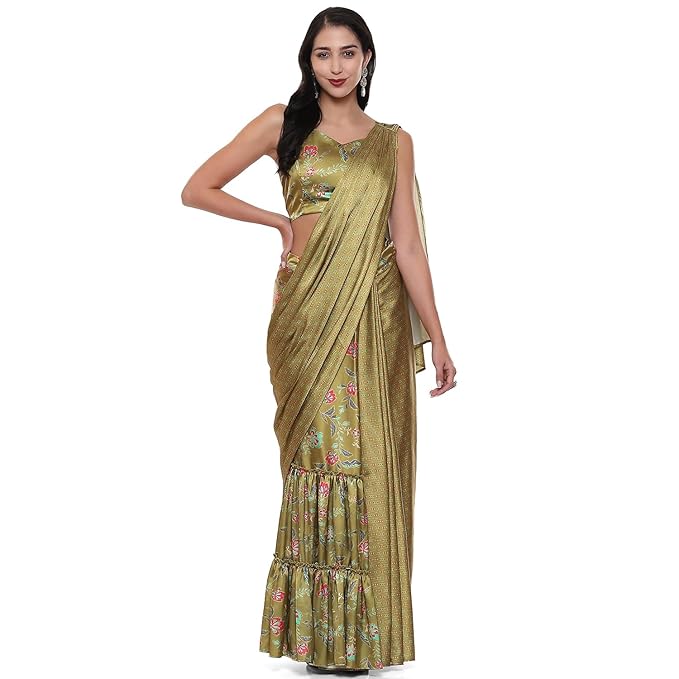 BIBA Plain Women Printed Straight Cotton Blend Saree(SKDASSORTED9114_Green_XL)