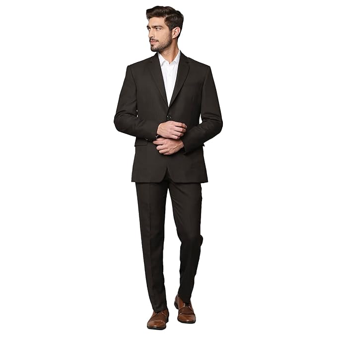 Raymond Men's Contemporary Fit Poly Wool Blend Notch Lapel Checks Pattern Full Sleeve Dark Brown Formal Suit
